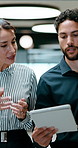 Team, walk and talk with tablet in office, investment banking and brainstorming with research on web. Happy, business people and planning for financial growth with tech, discussion and collaboration