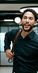 Dance, excited and leaving with business man in office for end of work or job satisfaction. Laughing, smile and walking with employee person in workplace for energy, motivation or opportunity