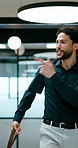 Dance, greeting and leaving with business man in office for end of work or job satisfaction. Pointing, smile and walking with excited employee in workplace for energy, motivation or opportunity