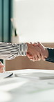 Business people, negotiation and handshake in office for deal, financial partnership and opportunity. Team, shaking hands and collaboration for investment agreement, support and thank you in meeting