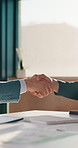 Business people, negotiation and handshake in meeting for deal, financial partnership and opportunity. Team, shaking hands and collaboration for investment agreement, support and thank you in office