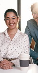 Happy, meeting and face of business people in office with confidence for finance career with about us. Smile, manager and portrait of financial advisors with professional pride for job opportunity.