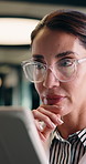 Tablet, woman and doctor with thinking for healthcare, reading and review report in hallway. Reflection, physician or mature professional with tech for telehealth, management and support in hospital