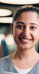 Face, woman and nurse with tablet for healthcare, confidence and career ambition in hallway. Smile, physician or medical professional with portrait for about us, management and telehealth in hospital