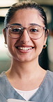 Face, nurse and happy woman with tablet for research, scroll or reading schedule in clinic. Healthcare, tech and person smile with glasses for online results, telehealth or digital app in portrait