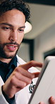 Tablet, man and doctor with typing for telehealth, thinking and review report in hallway. Reflection, physician or medical professional with tech for healthcare, management and support in hospital
