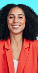 Face, business or woman with laugh in studio for marketing, creative or confidence for brand awareness. Portrait, happy or marketer with ambition for campaign development, pride or blue background