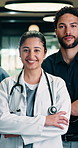 Face, team and doctors in hospital for healthcare leadership, support or medical service with tablet. Confident, portrait and group, nurse or clinic staff with arms crossed and smile for about us