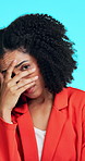 Business, face and upset woman in studio with regret, peeking and embarrassed about mistake. Blue background, african person and entrepreneur shaking head for loss, defeat or frustrated with stress