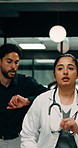 Doctors, running and rush for emergency in hospital, urgent healthcare or medical support in crisis. Time, worry and people hurry for ICU response, surgery or save life with team in corridor together