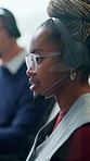 Call center, glasses or black woman in workplace with headset, help or investment advice in crm service. Specs, coworking or finance advisor with mic, online banking or contact us with loan support.
