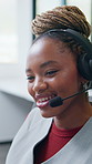 Call center, smile or black woman in workplace with headset, telehelp or investment aid in crm service. Happy, advice or finance consultant with mic, online banking or contact us with loan support.
