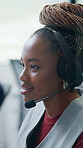 Call center, review or black woman in office with headset, assistance or investment advice in crm service. Reading, tech or financial advisor with mic, online banking or contact us with loan support.