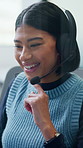 Call center, contact us and woman in office for help, customer care and communication for service. Hotline, person and happy consultant with headset for assistance, talking or smile with advice