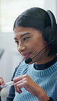 Call center, smile and woman with communication, advice or customer support for virtual contact. Tech agent, headset or happy consultant with talking for help desk, problem solving or website service