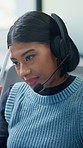 Call center, woman and stress with headset for telemarketing, burnout or finance mistake. Insurance advisor, frustrated and tech in office with negative feedback, technical issue or difficult consult