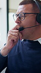 Tired, yawn or business man in call center with overwork, fatigue or deadline pressure for help desk. Burnout, headset and consultant in office for customer service, bored and exhausted at work