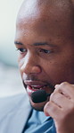 Man, headset and talking in call center for telemarketing, finance advice and problem solving. Black person, insurance agent and mic in office for communication, policy FAQ and outbound calls