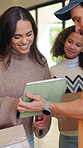 Woman, customer or delivery box with tablet for door order, courier service or approval in home. Female person, man and distribution with technology, parcel or package for logistics or transportation