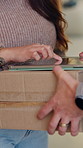 Customer, signature or hands with tablet for delivery box, door order or courier service in home. Closeup, people and signing with technology, parcel or package for safe logistics or transportation