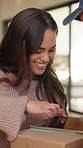 Customer, signature or delivery box with tablet for door order, courier service or approval in home. Female person, man and signing with technology, parcel or package for logistics or transportation