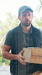 Logistics, home delivery and man with package, outdoor or walk to front door for parcel distribution. Shipping, courier and tracking time with tech, ecommerce and person with order and supply chain