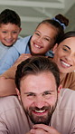Pile, parents or children in house with face, bonding together or fun time with childcare. Laugh, smile or family with stack, healthy relationship or playful connection for childhood development.