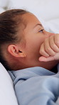 Bed, cough and sick with girl child in home for symptoms of disease, illness or infection. Allergies, hayfever and influenza reaction of kid in apartment bedroom for healthcare, sinusitis or virus