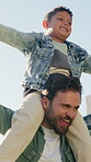Father, son and airplane on shoulders in backyard with smile, freedom and bonding for fun in summer. Happy people, dad and child with running, laugh or holding hands for playing outdoor with family