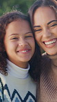 Mom, child and laughing with face in nature for funny joke, comfort or outdoor bonding together. Portrait, mother or daughter with smile, humor or comedy for motherhood or childhood care in park