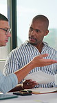 Business, people and talk with document in meeting for accounting, finance report and budget review. Men, teamwork and discussion with paperwork for audit, financial briefing and investment proposal