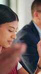 Applause, audience and business woman in meeting at office for learning or upskill development. Crowd, listen and workshop with employee clapping at work for coaching or feedback presentation