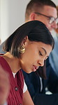 Attention, crown and writing with business woman in meeting at office for learning or upskill development. Audience, listening and workshop with employee at work for coaching or feedback presentation