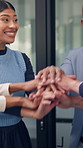 Business, woman and team with handstack in office for good news, real estate success or celebration. Excited, people or applause with staff for property deal, realtor motivation and auction milestone