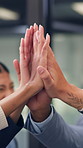 Business people, high five and hands for teamwork, support and laugh for goal celebration. Group, together and collaboration in office with synergy for target, excited and community solidarity