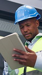 Issue, ppe or contractor in office with tablet, delivery delay or material shortage in supplier update. Frustration, black man or engineer with tech, client complaint or vendor error in workplace.
