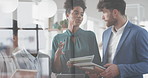 Document, discussion or business people in office, planning for audit or feedback for profit growth. Talking, employees or financial advisor in meeting, opportunity for trading portfolio or paperwork
