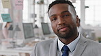 Business, laughing and face of black man in office for financial advisor, pride and smile. Asset manager, about us and investment broker with employee in agency, happy professional and consultant