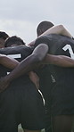 Huddle, rugby and training with people outdoor together for solidarity, teamwork or unity. Fitness, sports and strategy with player group at competition, game or match for motivation and support