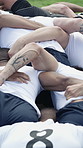 Rugby, scrum and people on field with match, collision game or teamwork in sports tournament. Fitness, collaboration or players with huddle, impact challenge or intense performance in competition.