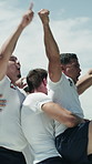 Champion, fist pump and success with rugby players outdoor together for achievement or score. Celebration, jumping and winner with excited people on field for competition, game or match victory