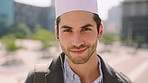 Face, business and Muslim man with earphones in city, commute and streaming podcast for morning trip. Portrait, town and Islamic person with audio tech for music playlist, happy and travel to work