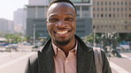Commute, face or businessman in city with laugh, good mood or confidence in property management. Happy, black person or real estate agent with bag, positive attitude or career pride with town travel.