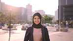 Face, student and Muslim woman in city for development, thinking or laugh for future education. Portrait, hijab and Islamic person outdoor with smile for scholarship, idea and academic opportunity