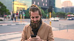 Commute, laugh or businessman in city with phone, online communication or comic post on social media. Happy, wind or employee in town with tech, funny text message or meme reaction in travel routine.