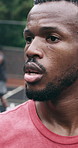 Tired, thinking or man with fitness, outdoor for exercise break, workout challenge or breathe. Healthy person, athlete or runner with fatigue, sweating or practice for wellness. exhausted or training