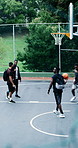 Basketball, men and outdoor with start for training, support or celebrate with players on community court. Group, healthy team or athletes with sports game, fitness and practice for wellness or goals