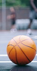 Sport, spin or ball on court for basketball, leather material or training gear in practice session. Roundball, motion or equipment with outdoor activity, water resistant or grip texture in fitness.