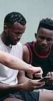 Phone, basketball and scroll with men on court for streaming, score tracking and social media. Sports league leaderboard, entertainment and game broadcast with people and mobile for athlete search