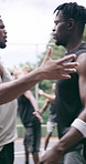 Block, basketball and team with men on court for fitness, competition match and defense. Shooting guard, sports club and training with group of people outdoor for athlete, hobby and hoop practice